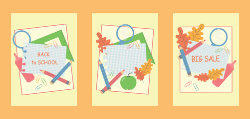 back to school three cover background vector set. Cute children illustration with paper clip, pencils. autumn leaves, ruler, magnifying glass, apple. big sale collection for prints, education, banner
