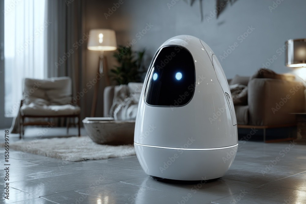 Poster modern white robot in living room, representing artificial intelligence and home automation for tech