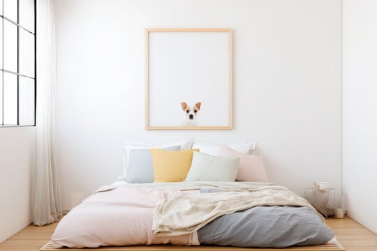 Dog Peeking From Frame Above Bed in Minimalist Bedroom, Showcasing Pet Adoption and Interior Design Trends : Generative AI
