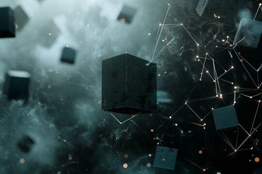 Exploration of digital abstraction with pixelated blue elements and floating structures in a cosmic environment