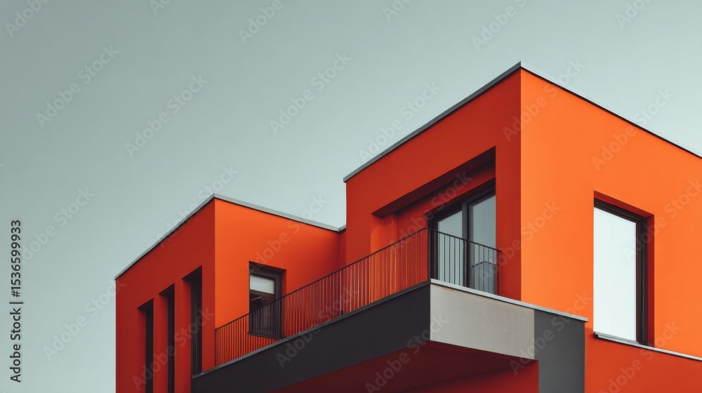 Poster modern orange building exterior with balcony under gray sky, showcasing architecture and urban devel