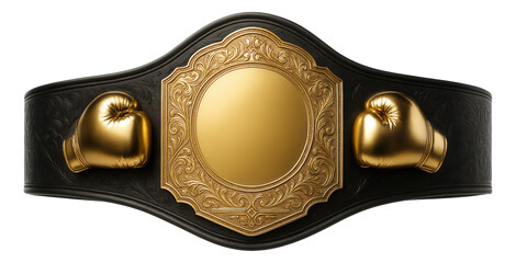 Ornate black championship belt with gold detailing and boxing gloves design on transparent background.