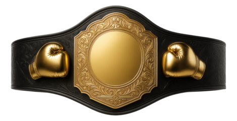 Ornate black championship belt with gold detailing and boxing gloves design on transparent background.