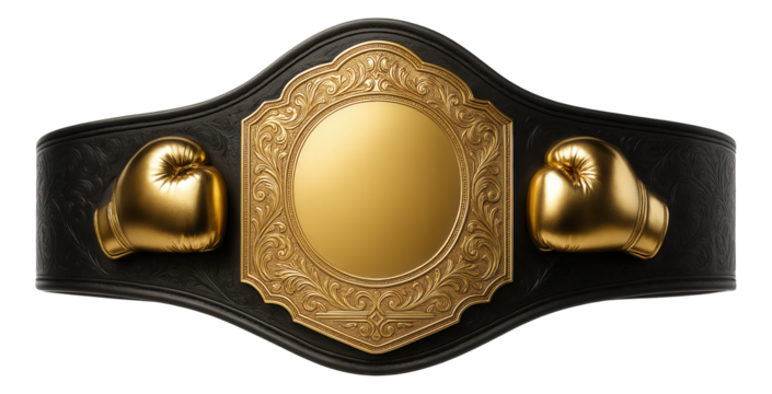 Ornate black championship belt with gold detailing and boxing gloves design on transparent background.