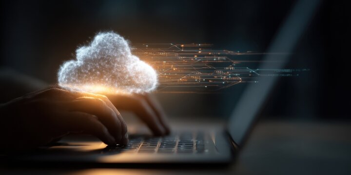 Person Typing on Laptop with Digital Cloud Overlay, Representing Cloud Computing and Data Management Solutions for Business Transformation and Innovation : Generative AI