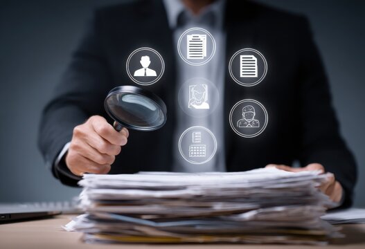 Man Inspecting Documents With Magnifying Glass, Representing Compliance and Due Diligence in Business Analytics and Recruitment Processes : Generative AI