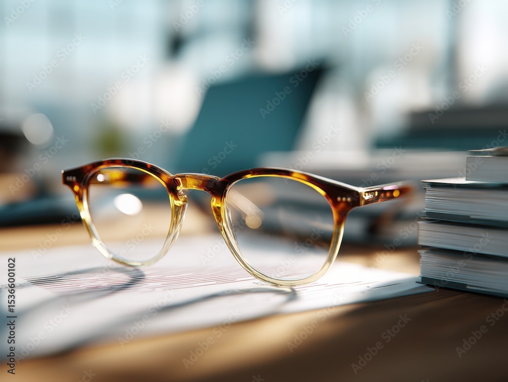 Poster eyeglasses on desk with books and laptop, symbolizing education and academic research in a bright of