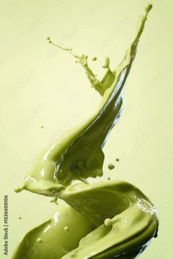 Poster dynamic green paint splash against a pale green backdrop, symbolizing creativity and artistic expres