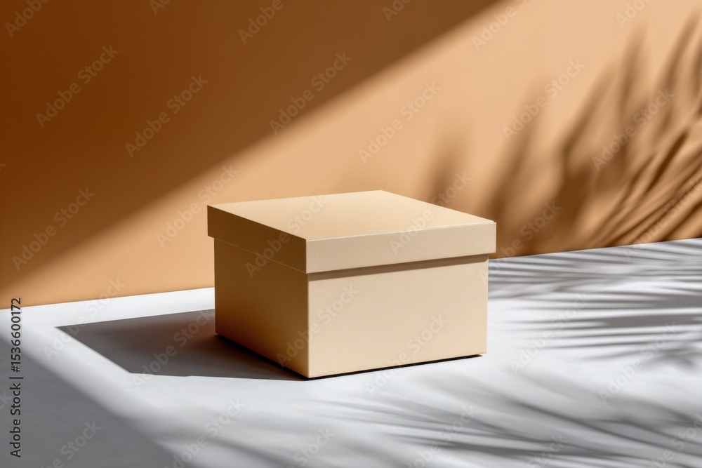 Poster beige box on white surface with palm frond shadows, ideal for product presentation and unboxing vide