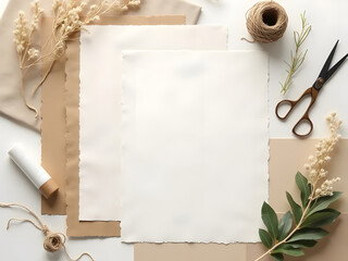 Flatlay of Recycled and Handmade Paper with Craft Tools: Flatlay showing sheets of recycled and handmade textured paper with deckled edges, surrounded by scissors, and glue stick in eco-craft style.