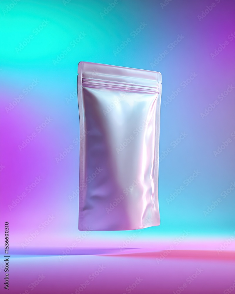 Poster holographic foil pouch mockup on colorful gradient background, ideal for product packaging and brand