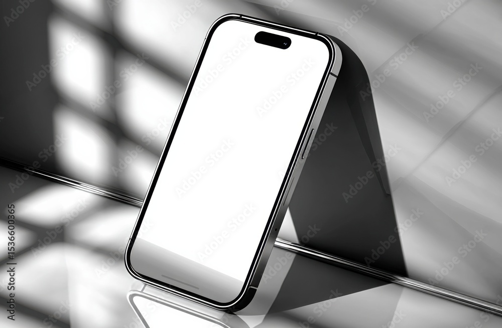 Poster modern smartphone mockup with blank white screen against geometric shadow, ideal for mobile app adve