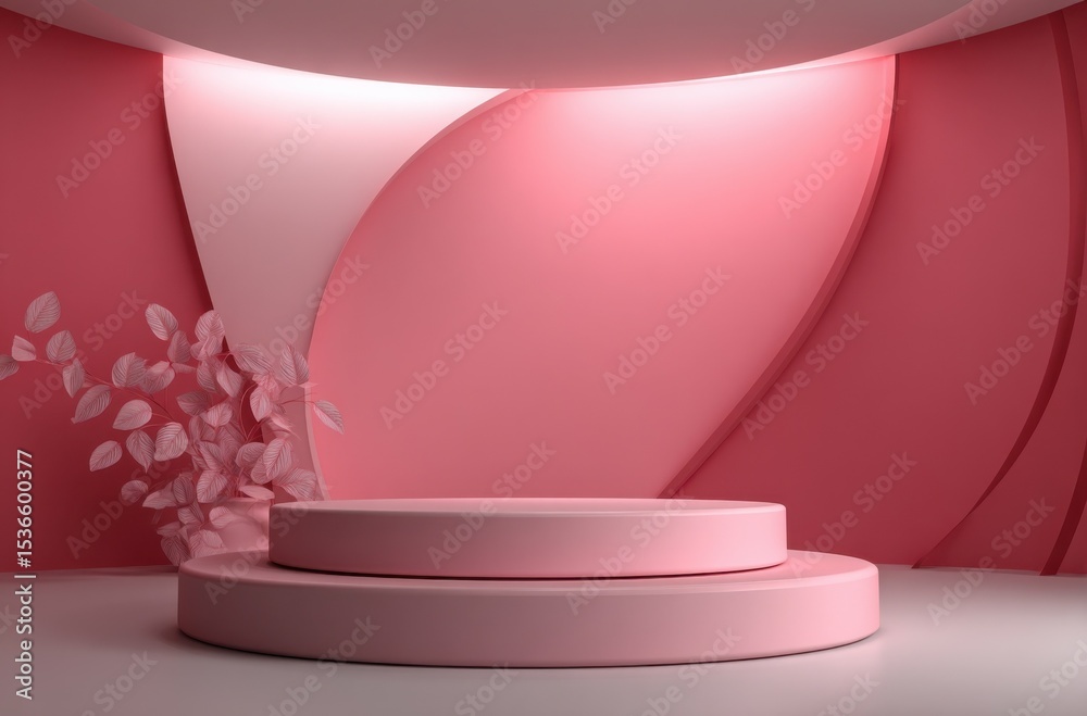 Poster minimalist pink product display podium with plant, ideal for beauty product presentation and marketi
