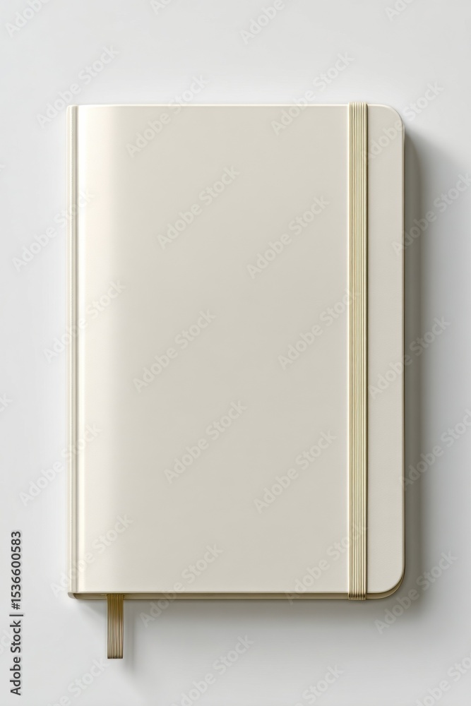 Poster closed beige notebook with gold elastic band on white background, symbolizing organization and produ