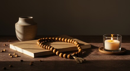 Meditation Beads on Book with Candle and Vase in Warm Light