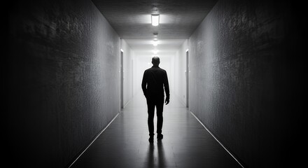 Man Walking Down Long Dark Hallway Towards Light Source