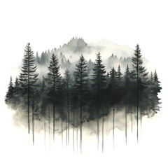 A breathtaking watercolor painting of misty mountains and dense forest, conveying the serene and peaceful beauty of nature.