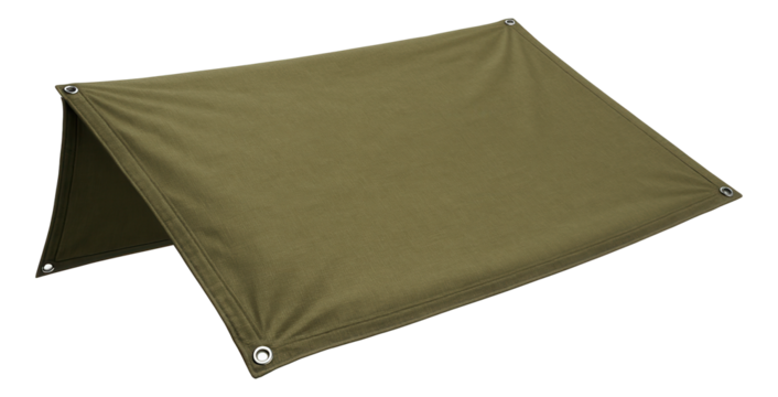 Olive green tarpaulin with reinforced edges and metal grommets, suitable for outdoor shelter applications on transparent background.