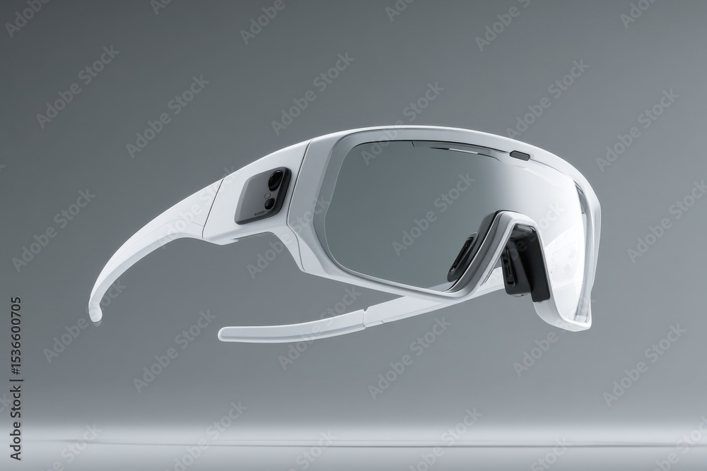 Poster futuristic white smart glasses on gray background, representing wearable technology and augmented re