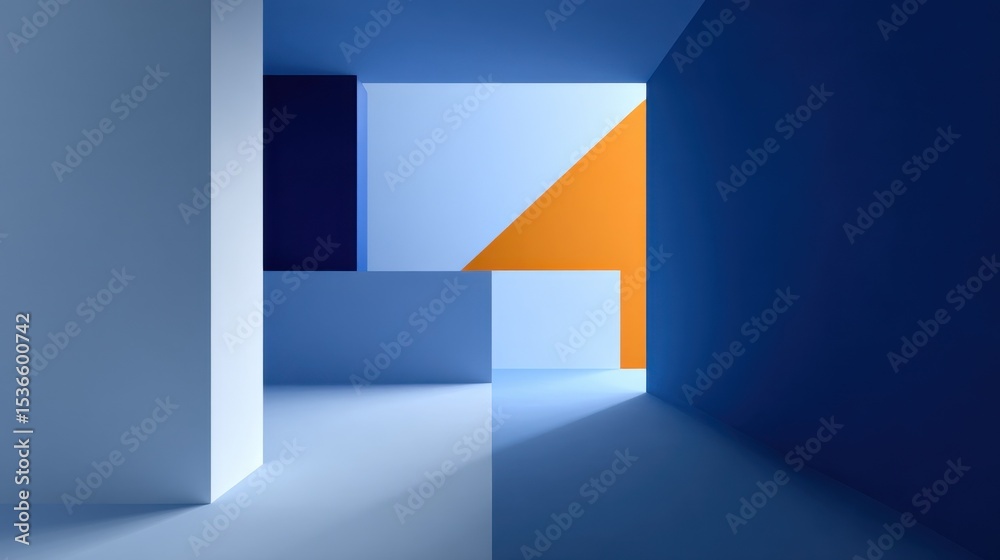 Poster Abstract Geometric Architecture in Blue and Orange, Representing Modern Design and Spatial Innovation for Creative Projects and Architectural Visualization : Generative AI
