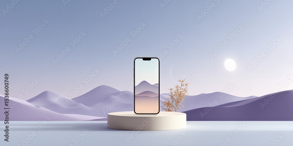 Poster smartphone on a pedestal with a mountain landscape backdrop, showcasing modern technology and digita