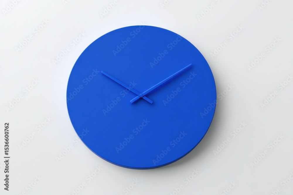 Poster blue minimalist clock on white wall, symbolizing punctuality and time management in business and per