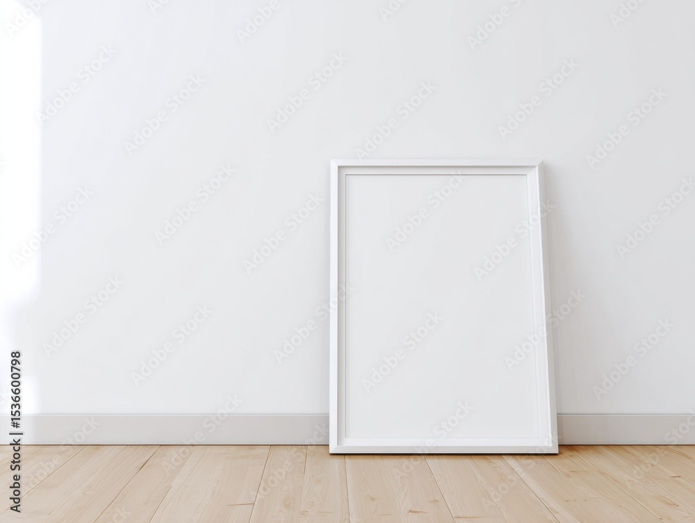 Poster blank white frame leaning against a wall, ideal for mockups and showcasing interior design projects,