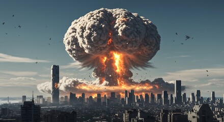 Massive Nuclear Explosion Over Futuristic City During World War 3