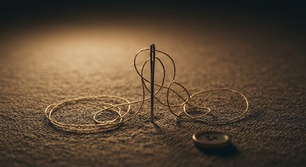 Needle with Thread and Button on Fabric Surface Sewing Concept