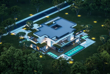 3d rendering of two-story house with parking and pool for sale or rent with concrete facade and...