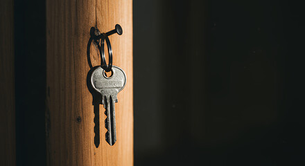 Metal Key Hanging on Wood Post with Nail Security Concept