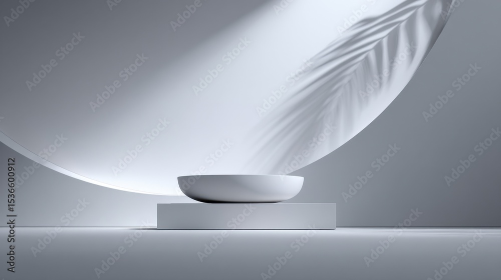 Poster minimalist white bowl on a cube podium with palm leaf shadow, ideal for product showcase and modern 