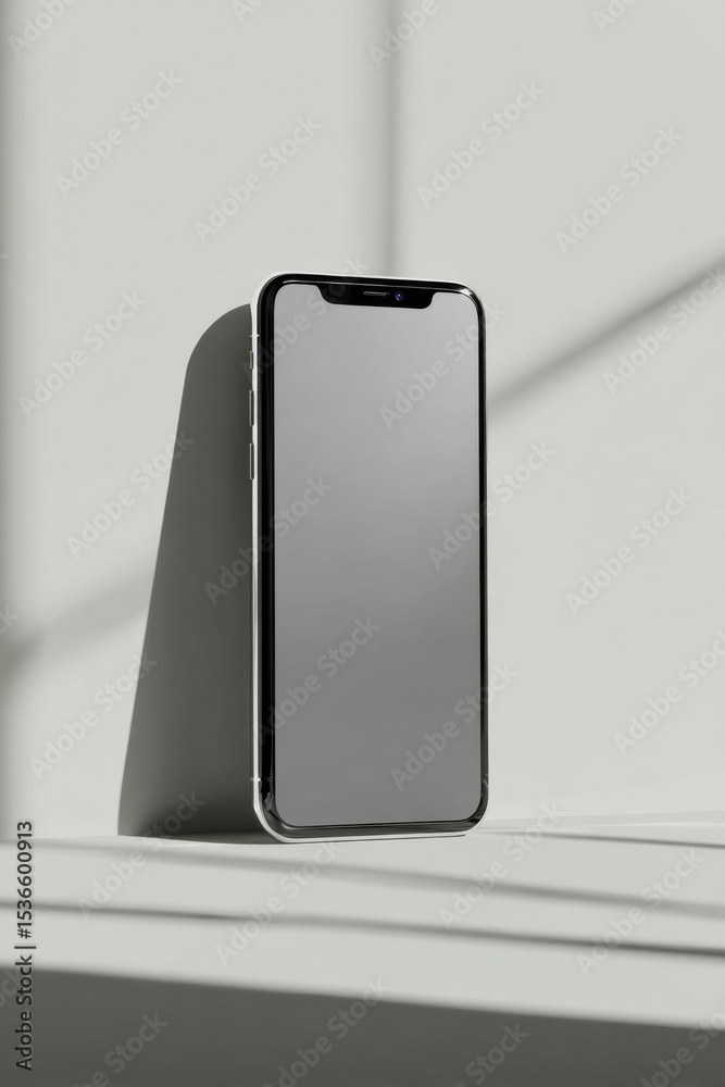 Poster smartphone mockup on white surface with shadow play, ideal for mobile app advertising and digital ma
