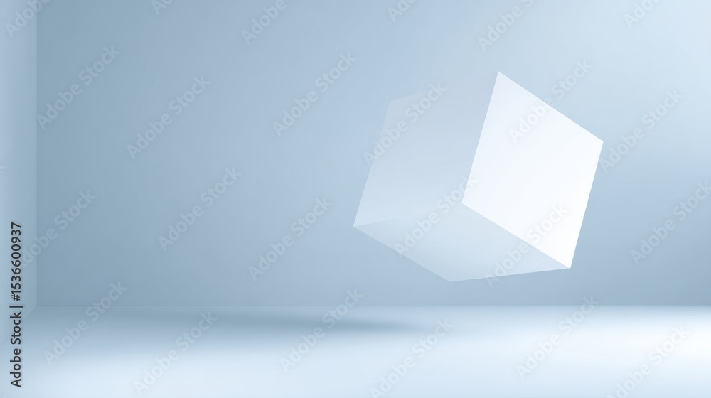 Poster Floating White Cube in Empty Blue Room, Representing Minimalism and Modern Architecture for Creative Solutions and Product Presentation Mockups : Generative AI