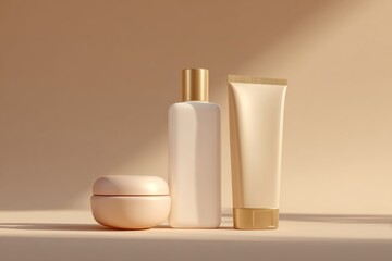 Elegant Cosmetic Product Set in Warm Light, Ideal for Beauty Advertising and Skincare Promotion, Showcasing Natural Wellness : Generative AI