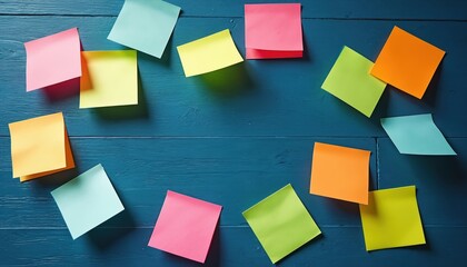 Colorful sticky notes arranged wooden board for brainstorming organization in office. Creativity teamwork concept. Visual aids for creative projects. Notes for task management writing ideas planning.