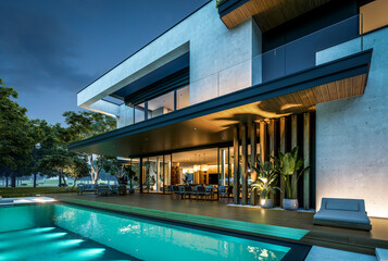 3d rendering of two-story house with parking and pool for sale or rent with concrete facade and...
