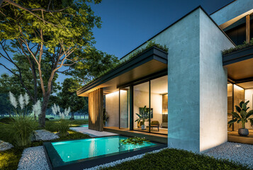3d rendering of two-story house with parking and pool for sale or rent with concrete facade and...