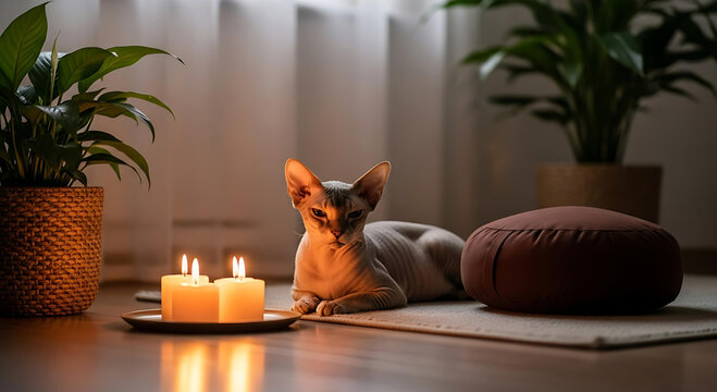 a Ukrainian Levkoy cat lying next to a meditation cushion in a quiet room, flickering candles, and plants, calm zen-like space