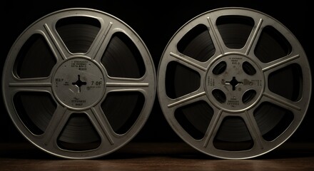 Pair of Vintage Film Reels on Wooden Surface Against Dark Backdrop