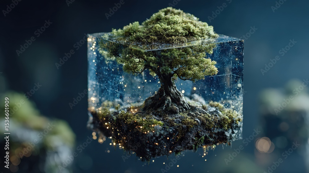 Poster Miniature tree grows on a patch of soil inside a transparent floating cube, surrounded by glowing particles, creating a magical and futuristic atmosphere