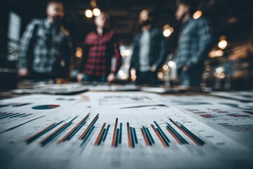 Business team analyzing financial data presented on charts and graphs, developing market strategy in a collaborative office environment
