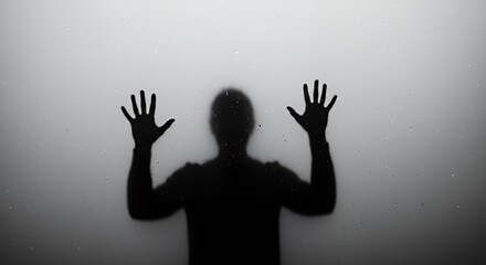 Person Silhouette Touching Glass with Water Droplets in Monochrome