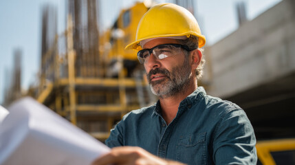 Mature engineer working man wearing protective glasses and safety helmet while standing outside of construction site holding paper plan - Model by AI generative