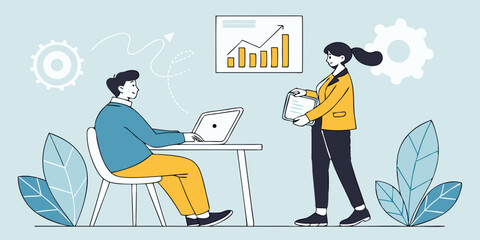 Businessman and woman working on laptops at an office desk, a vector illustration of people in a business setting