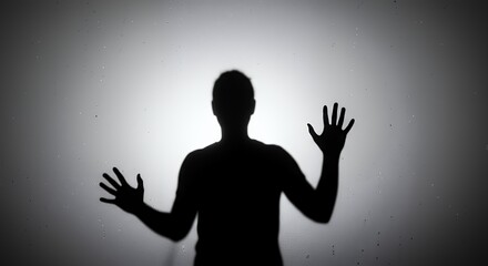 Person Silhouette Appearing Behind Frosted Glass with Hands Raised