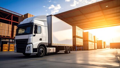 White SemiTruck Loading Docking at Warehouse with Sunset Light, and Logistics Delivery.