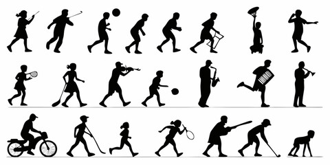 Dynamic vector silhouettes of people playing sports, including women, men, and children, illustrate various athletic poses like running, basketball, and football