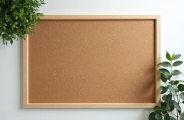Cork board with wooden frame, white background. Empty space for notes, messages, announcements. Office decor, classroom, memo. Green plants, leaves. Interior design, business template, education