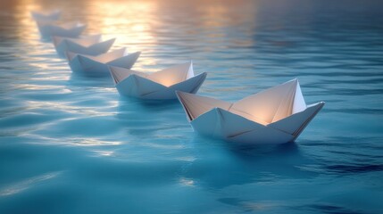 Obraz premium Paper boats sailing on water at sunset